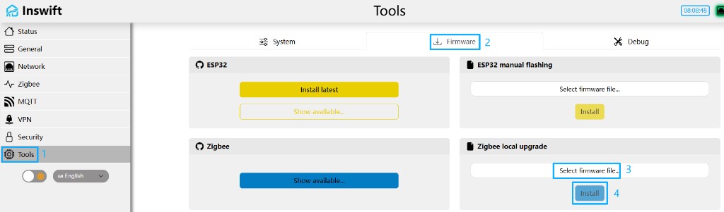 Tools → Firmware：进入页面并做 Zigbee 本地升级