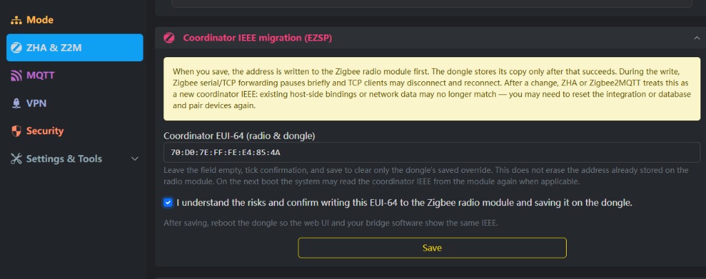 ETH-MG：Coordinator IEEE migration (EZSP)