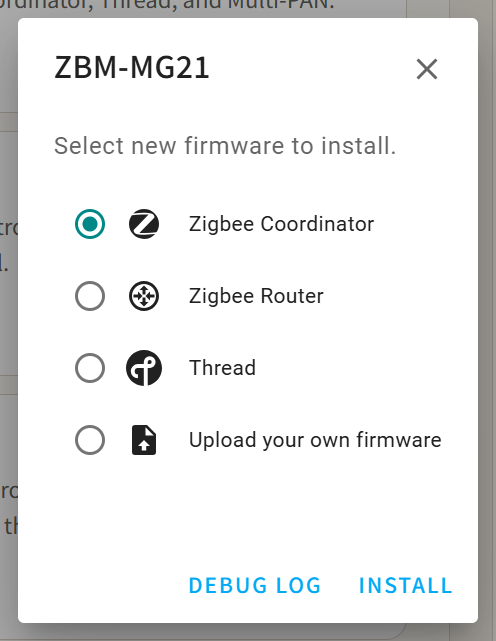选择官方固件类型,图中已选 Zigbee Coordinator
